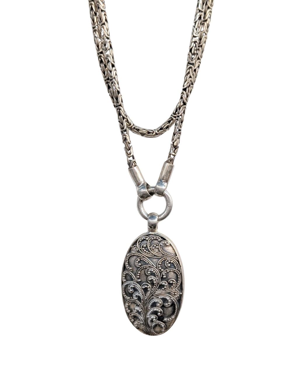 Sterling Silver Oval Filigree Pendant Necklace Vintage Style 17" Double Chain